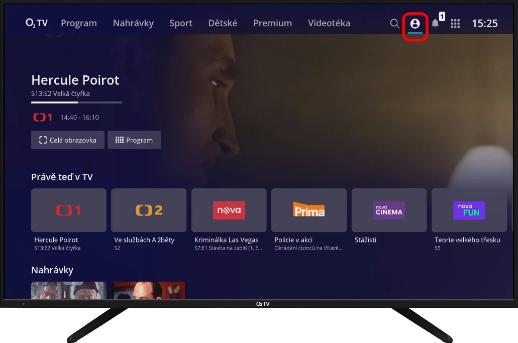 Zobrazení sekce profilu na O2 TV